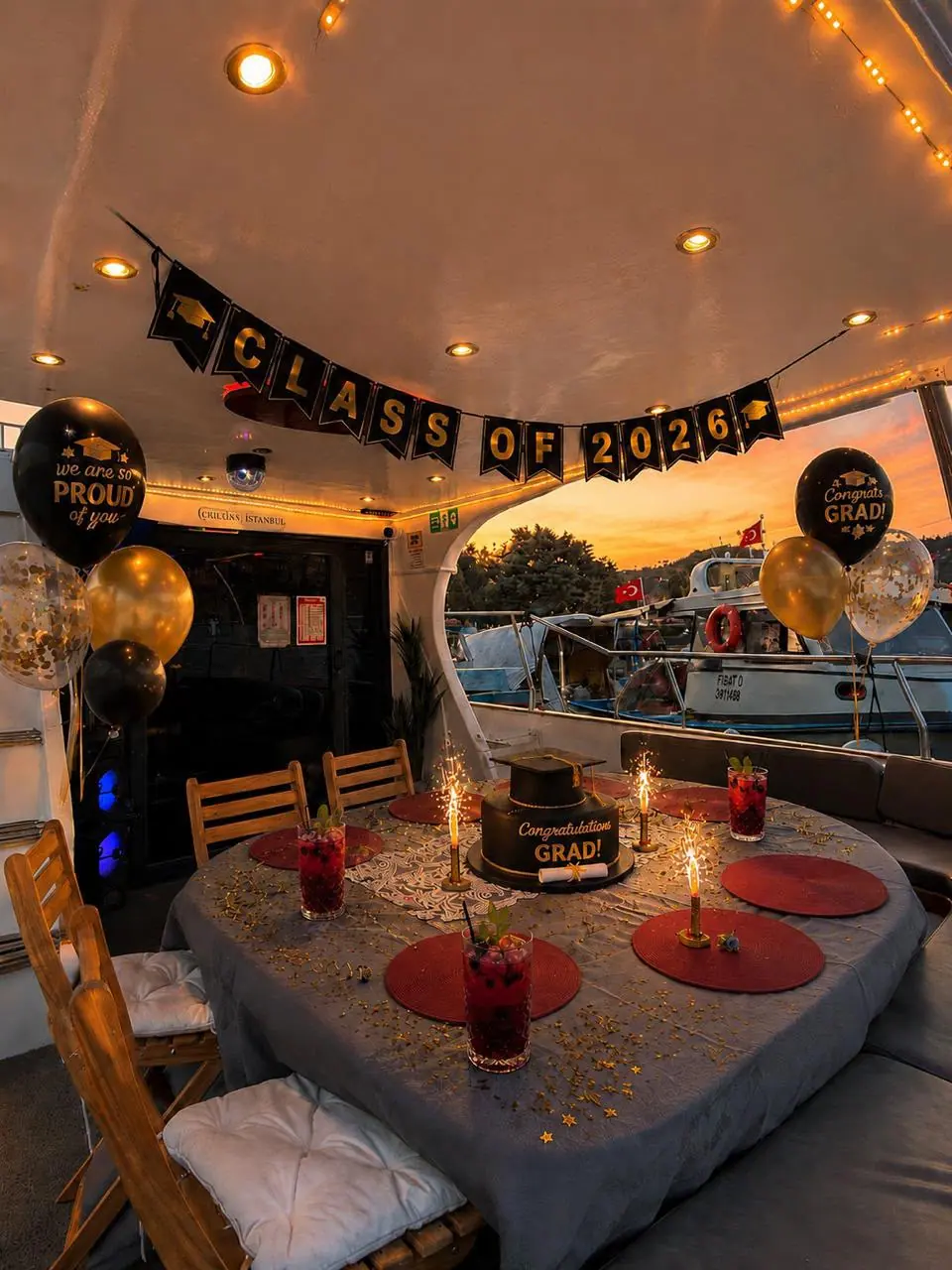 A graduation celebration set up on deck at sunset