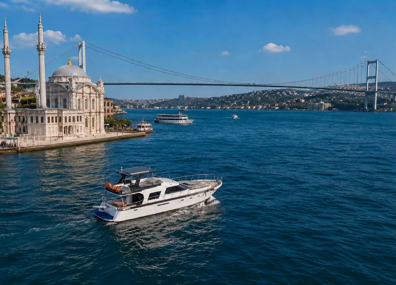 Hiluna on the Bosphorus in morning light, Ortaköy Mosque behind